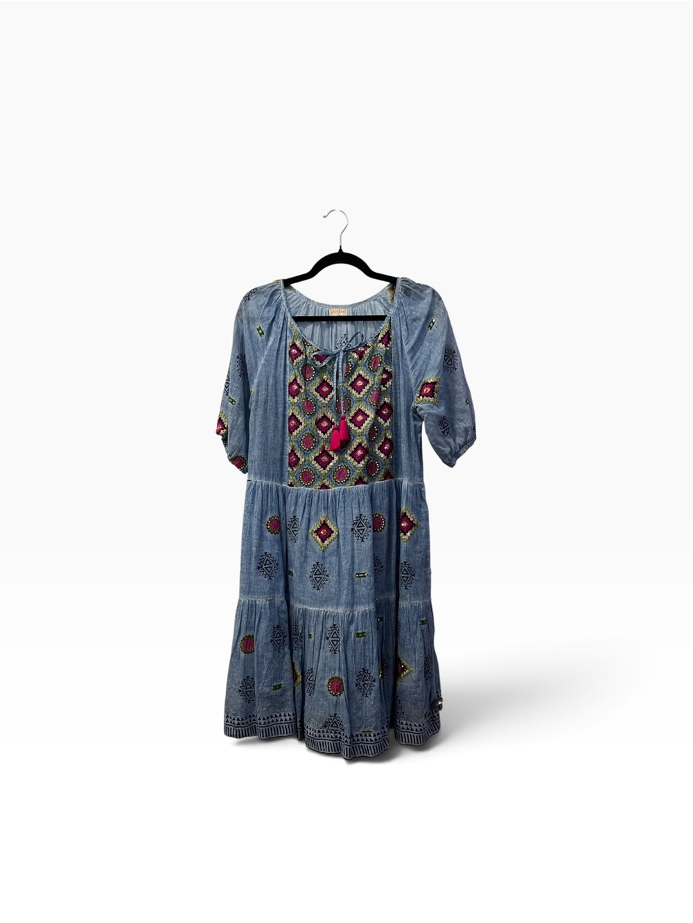 Lula Soul Embroidered Blue Chambray Sequined Boho Tiered Midi Dress w/ Tassels S